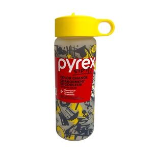 NWT Pyrex Sip It! Color Change Water Bottle Yellow Carry Loop Lid Graffiti